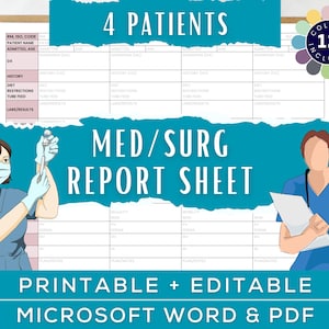 Med-surg nurse brain sheet, 4 patient medical surgical nurse report sheet, nursing student handoff, RN W/ Meds, Editable Microsoft Word, PDF