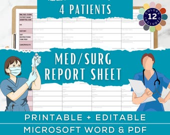 Hoja de trabajo de enfermería medicoquirúrgica, hoja de informe de enfermería medicoquirúrgica para 4 pacientes, transferencia de estudiantes de enfermería, enfermera con medicamentos, Microsoft Word editable, PDF