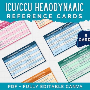 ICU/CCU Hemodynamic Reference Badge Cards, 8 Printable and Editable Cards, Graduate Nurse, Critical Care Cticu, Canva, Instant Download, PDF