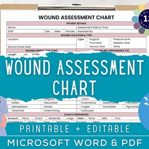 Wound Assessment Chart for Nurses, Medical Wound Care, Wound Management, Wound Care Plan, Patient Skin Care Form, Printable & Editable