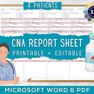 CNA Shift Report Sheet for 4 Patients, Nursing Assistant Brain Sheet, Cna Tech Shift Report Sheet, CNA Shift Planner, Microsoft Word, PDF