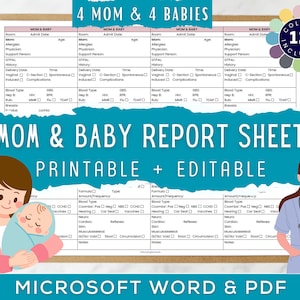 Hoja de informe de enfermería para madres y bebés, 4 madres y 4 bebés, Hoja de informe de enfermería posparto, Madre y bebé, Transferencia, Microsoft Word editable, PDF