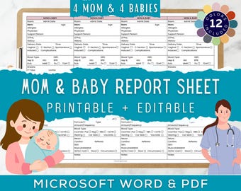 Mom & Baby Nurse Brain Report Sheet, 4 Mom and 4 Babies, Postpartum Nursing Report Sheet, Mother Baby, Handoff, Editable Microsoft Word, PDF