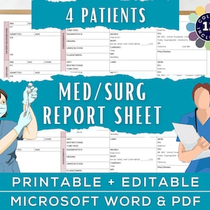 Med Surg Nursing Brain Sheet for 4 Patients, medical surgical nurse report sheet, Nurse ER Report Sheet, RN, Editable Microsoft Word, PDF