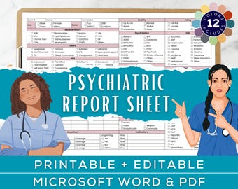 Psychiatric Nursing Report Sheet, Behavioral Health, 2 patient Psych Nurse Report sheet, rn/pmhnp, Nurse Brain, Editable Microsoft Word, PDF