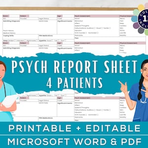 Psych Nurse Report Sheet for 4 patients, Mental Health Handoff, Psychiatric Nurse Brain, Behavioral Health Nurse, Microsoft Word, PDF