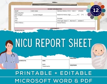 Hoja de informe de la UCIN, Cerebro de la UCIN, Cerebro de la enfermera de bebés, Enfermera de la UCI neonatal, Regalo de enfermera de la UCIN, Informe de la unidad de cuidados intensivos, Microsoft Word, PDF