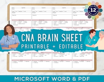 May include: A printable CNA brain sheet with 12 different color options. The sheet includes sections for patient information, precautions, vital signs, and notes. The sheet is designed to help CNAs stay organized and efficient.