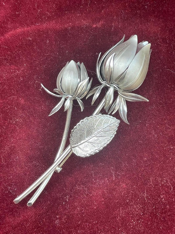Vintage Silvertoned Rose Brooch - image 1