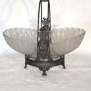 Antique Silver Plate and Bell Tassel And Cross Glass Insert Bride&#39;s Basket