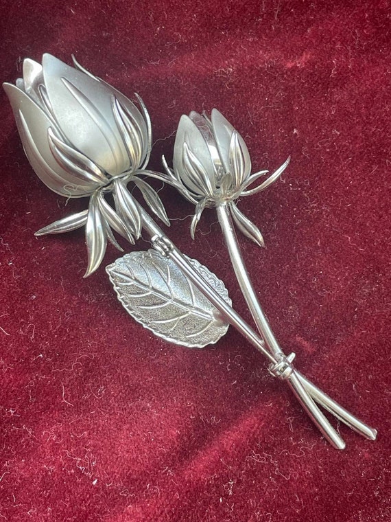 Vintage Silvertoned Rose Brooch - image 2