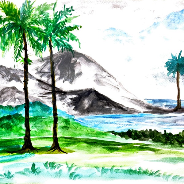 Original Aquarell Gemälde mit Berg, Meer & viel Grün - Würdige Sammlung für Zuhause oder Büro