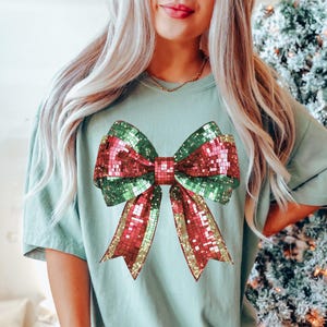 Faux Sequins Comfort Colors Christmas T-shirt: Tartan Plaid Bow Holiday Tee