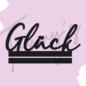 Könnte beinhalten: Schwarz-weißes Grafikdesign mit dem Wort "Glück" in einer stilisierten Schriftart. Das Wort befindet sich über zwei schwarzen horizontalen Linien.