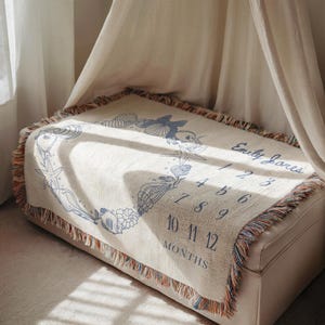 May include: Cream-colored baby blanket with a blue seashell design and fringe trim. The blanket features the name "Emily Jones" and numbers 1-12, with the word "MONTHS" at the bottom. The blanket is made of a soft material.