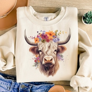 Boho Floral Cow Sweatshirt, Floral Western Highland Cow Sweater, Cute Western Shirt, Country Cow Shirt, Boho Shirt, Highland Cow Sweater