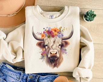 Boho Floral Cow Sweatshirt, Floral Western Highland Cow Sweater, Cute Western Shirt, Country Cow Shirt, Boho Shirt, Highland Cow Sweater