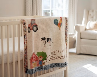 Personalized Farm Theme Baby Blanket Farm Truck Woven Blanket Custom Baby Boy Name Blanket Baby Shower Gift Truck-themed Nursery Woven Throw