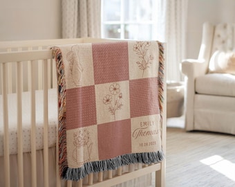 Personalized Baby Girl Blanket Baby Shower Woven Blanket Wildflower Design Nature Blanket Nursery Decor Wildflower Baby Girl Name Blanket