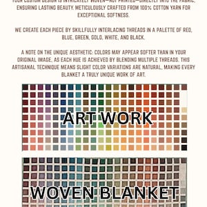 May include: Image features text that reads "WOVEN BLANKET" and "ART WORK". The image shows a color palette of squares and a woven blanket with a grid pattern. The text describes the blanket's construction and color variations.