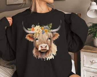 Boho Floral Cow Sweatshirt, Floral Western Highland Cow Sweater, Cute Western Shirt, Country Cow Shirt, Boho Shirt, Highland Cow Sweater