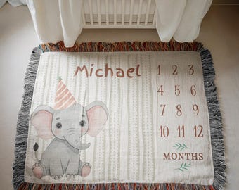 Manta personalizada con temática de elefante para hitos, manta tejida con elefante, manta personalizada con nombre para bebé, regalo para baby shower con elefante