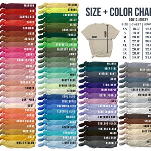May include: A color chart for a 3001C jersey t-shirt, featuring a variety of colors like maroon, navy, and gold. The chart includes a size guide with chest and length measurements in inches, ranging from XS to 4X.