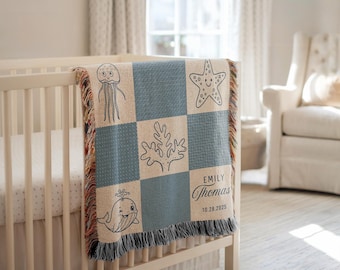 Custom Ocean Baby Blanket With Sea Animal Nursery Decor Nautical Throw with Baby Name Keepsake Gift Baby Shower Under The Sea Crib Blanket