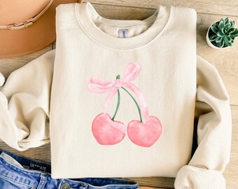 Trendy Cherry Sweatshirt, Soft Girl Era, Pink Bow Shirt, Coquette Girl Shirt, Aesthetic Ribbon Shirt, Valentines Trendy Shirt Coquette Shirt