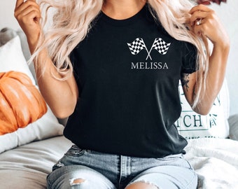 Personalized Checkered Flag Name, Race Day Shirt, Racing season tshirts women race Shirt Wife racing shirt funny race shirt race wife shirt