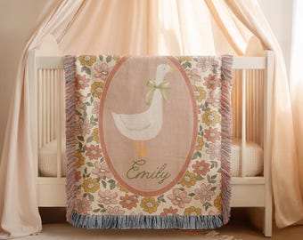 Personalized Floral Goose Baby Blanket, Baby Goose Woven Blanket, Goose Nursery Decor Custom Baby Blanket Floral Baby Shower Goose Baby Gift