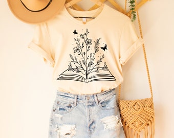 Camisa de libro de flores silvestres, camiseta para amantes de los libros, regalo para amantes de los libros, regalo para vendedores de libros de lectura, regalo para profesores, camiseta para lectores