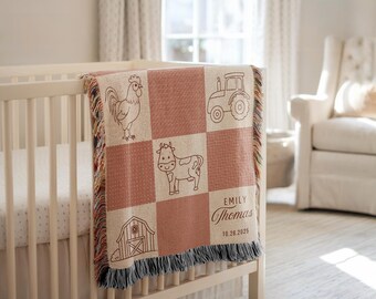 Personalized Farm Theme Baby Blanket Farm Truck Woven Blanket Custom Baby Boy Name Blanket Baby Shower Gift Truck-themed Nursery Woven Throw