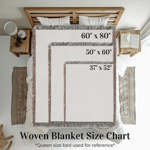May include: A woven blanket size chart displays three blanket sizes: 60" x 80", 50" x 60", and 37" x 52". The chart is on a bed with a wooden headboard. The text "Woven Blanket Size Chart" is at the bottom.