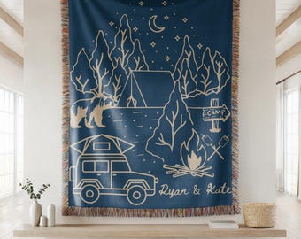 Personalized Camping Throw Blanket Outdoorsy Camp Blanket Adventure Couple Keepsake Couple Gift for Nature Lover Tapestry with Family Name