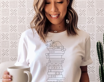 Cat Book Shirt, Books and Cats T-Shirt, Reading Shirt, Cat Lover, Gift for Cat Lover, Gift for Book Lovers, Book, Bookish Shirt, Cat on Book