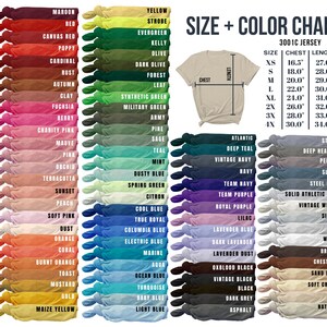 May include: A color chart for 3001C jersey fabric, showing 48 different colors in swatches. The chart also includes a size chart with chest and length measurements in inches for sizes XS to 4X.