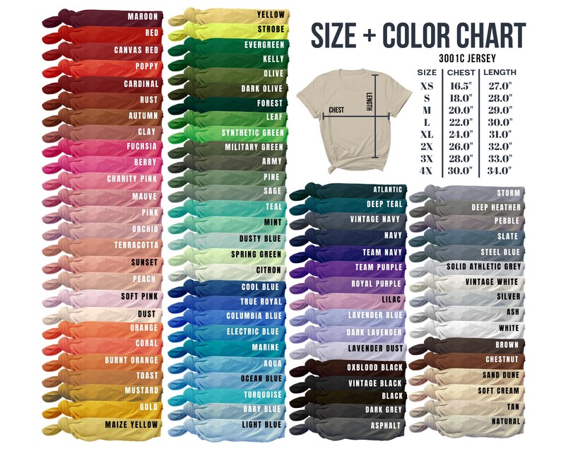 May include: A color chart for 3001C jersey fabric, showing 48 different colors in swatches. The chart also includes a size chart with chest and length measurements in inches for sizes XS to 4X.