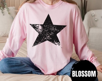 Distressed Star Comfort Colors Long Sleeve Shirt, White Star Shirt, Black Star, Star Shirt, Star Tee Shirt Big Star T Shirt Chaos Star Shirt