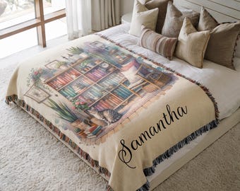 Custom Book Lovers Woven Blanket, Wildflowers Bookish Blanket, Bookshelf Blanket Gift for Bookworm, Gift for Booklover Woven Thow Blanket