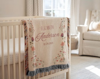 Personalized Baby Girl Blanket Baby Shower Woven Blanket Wildflower Design Nature Blanket Nursery Decor Wildflower Baby Girl Name Blanket