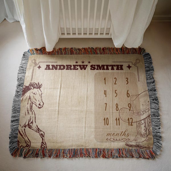 Personalized Cowboy Woven Milestone Blanket, Western Monthly Blanket, Monthly blanket with western design, Newborn Name Woven Throw Blanket