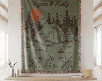 Personalized Camping Throw Blanket Outdoorsy Camp Blanket Adventure Couple Keepsake Couple Gift for Nature Lover Tapestry with Family Name