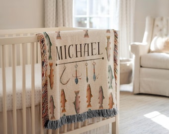 Customized Rainbow Trout Blanket Fishing Blanket Boys Fish Name Blanket Fishing Baby Blanket Trout Woven Blanket Fishing Gifted Baby Shower