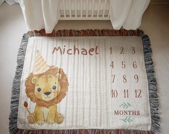 Personalized Lion Theme Milestone Blanket Baby Blanket Lion Woven Blanket Custom Baby Boy Name Blanket Baby Shower Gift Lion-themed