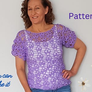Crochet top pattern, Lacy top crochet pattern, Short sleeve top pattern, Crochet tshirt pattern, Crochet summer blouse pattern,  Pdf pattern