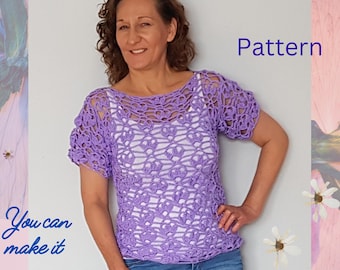 Patrón de top de crochet, Patrón de top de encaje de crochet, Patrón de top de manga corta, Patrón de camiseta de crochet, Patrón de blusa de verano de crochet, Patrón en PDF