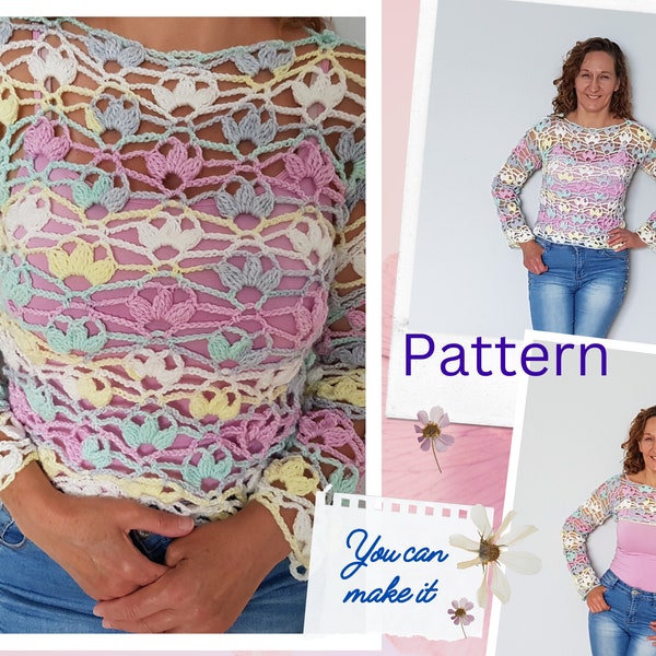 Haussement d'épaules au crochet, modèle de haut court au crochet, modèle de femme au crochet, modèle de haut au crochet en dentelle, modèle de manches au crochet, été au crochet,