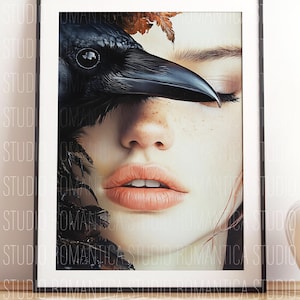 Gothic sorceress with raven #2 Giclee art paper print poster paper woman fantasy romance magical spells dark witch black magic