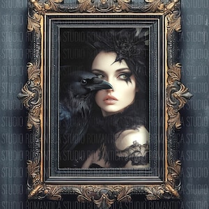 Gothic sorceress with raven #1 Giclee art paper print poster paper woman fantasy romance magical spells dark witch black magic